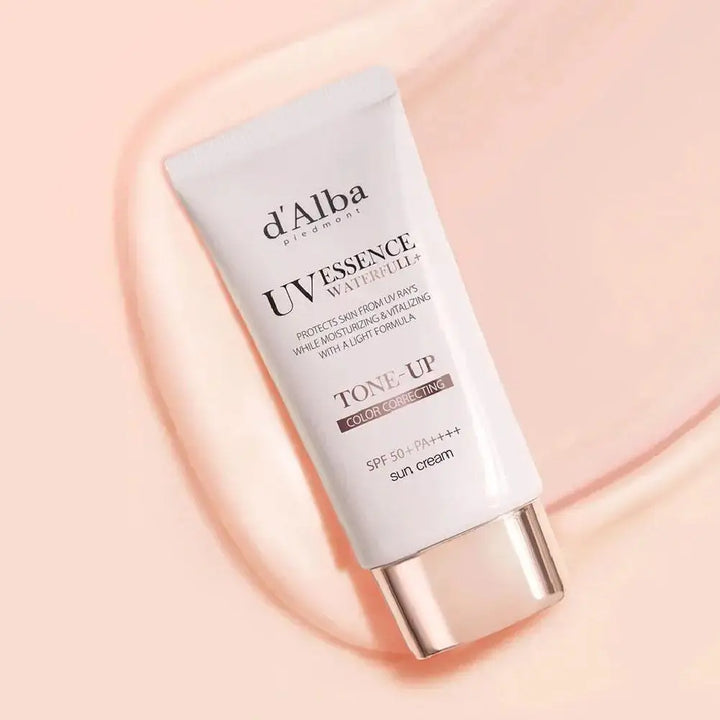 Two 50ml tubes of Full Body UV Protection Sunscreen, hydrating and breathable for comprehensive SPF protection, are displayed against a soft pink background; each tube is white with a shiny gold cap.