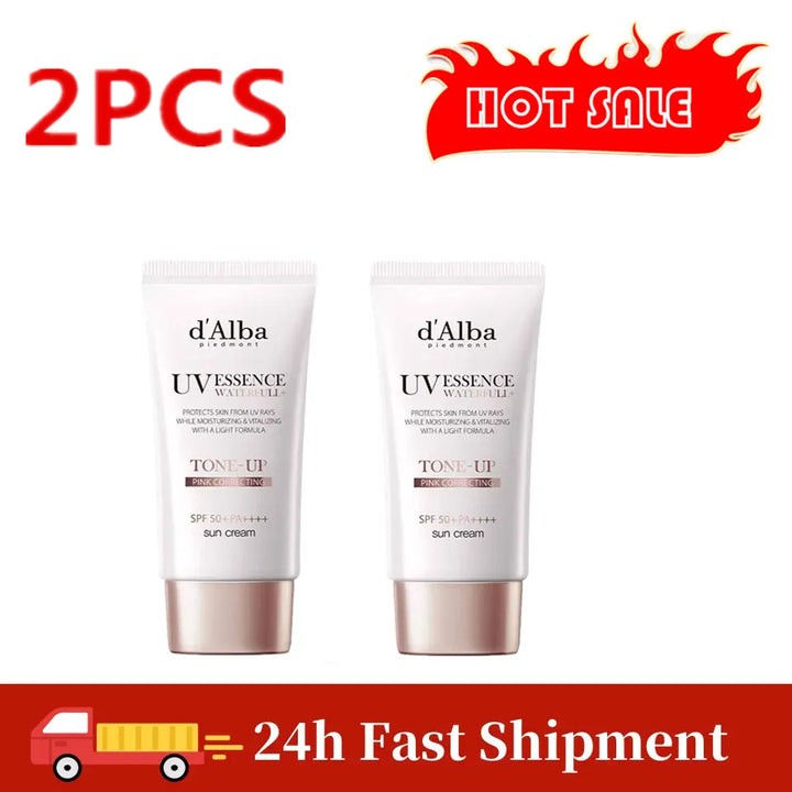 Two tubes of 2PCS 50ml Full Body UV Protection Sunscreen are displayed, featuring HOT SALE with a flame graphic and 24h Fast Shipment highlighted by a delivery truck icon at the bottom.