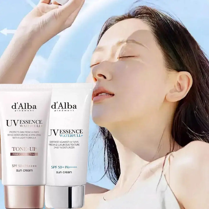 A woman with fair skin closes her eyes towards the sun. In front, two tubes of 2PCS 50ml Full Body UV Protection Sunscreen offer hydrating, breathable SPF protection against the backdrop of a clear blue sky.