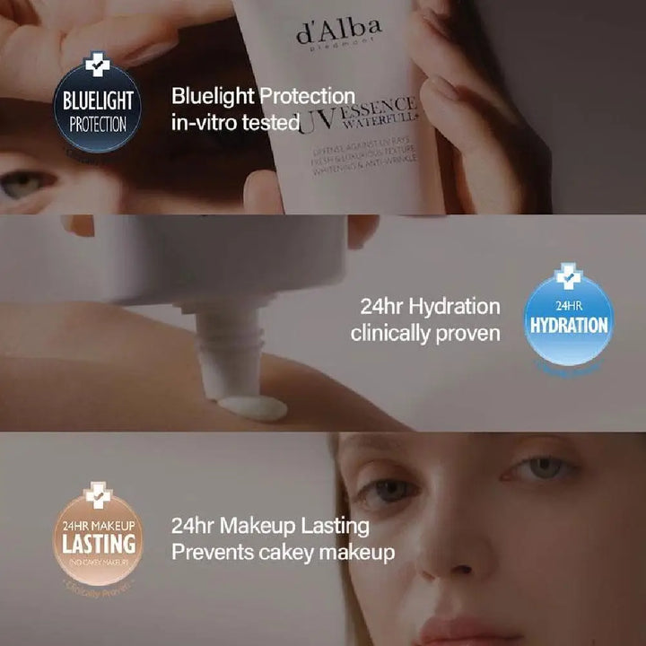A woman applies 2PCS 50ml Full Body UV Protection Sunscreen, offering SPF50+, blue light defense (in-vitro tested), clinically proven 24hr hydration, and long-lasting makeup for a flawless, non-cakey finish.