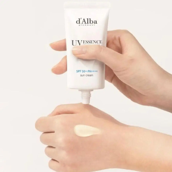 A hand squeezes the 2PCS 50ml Full Body UV Protection Sunscreen, hydrating and comfortable with comprehensive SPF coverage, onto the back of another hand against a plain light background.