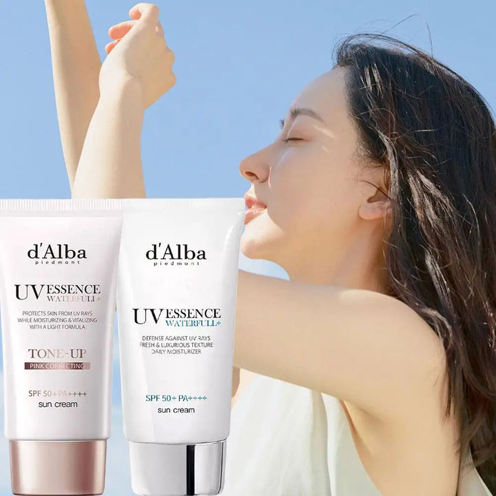 A woman with long hair stands outside in sunlight, eyes closed and arms raised. In the foreground, two 2PCS 50ml Full Body UV Protection Sunscreen tubes are displayed, labeled Tone-Up and Waterfull.